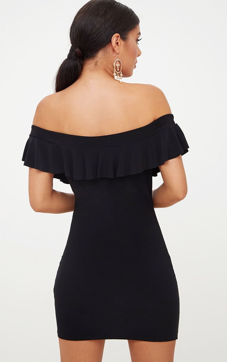 black bardot frill detail bodycon dress hot