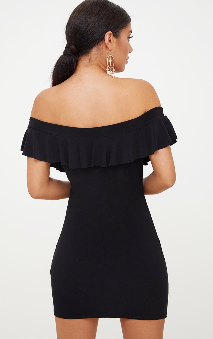 black bardot frill detail bodycon dress hot