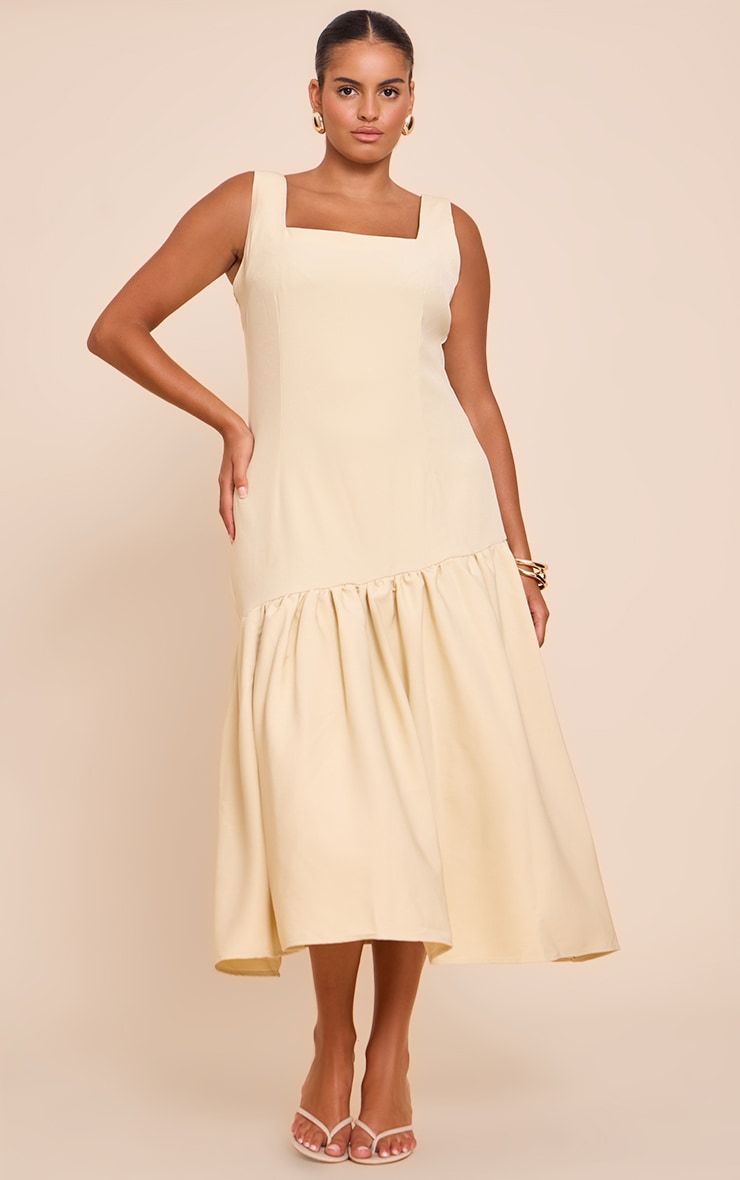 Plus Butter Yellow Pleated Hem Square Neck Midaxi Dress image 1