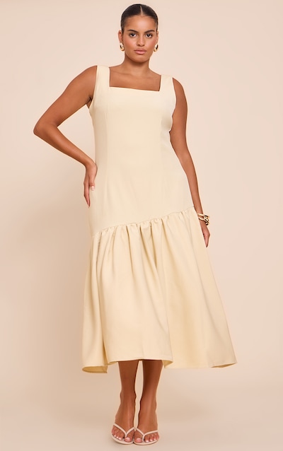 Plus Butter Yellow Pleated Hem Square Neck Midaxi Dress