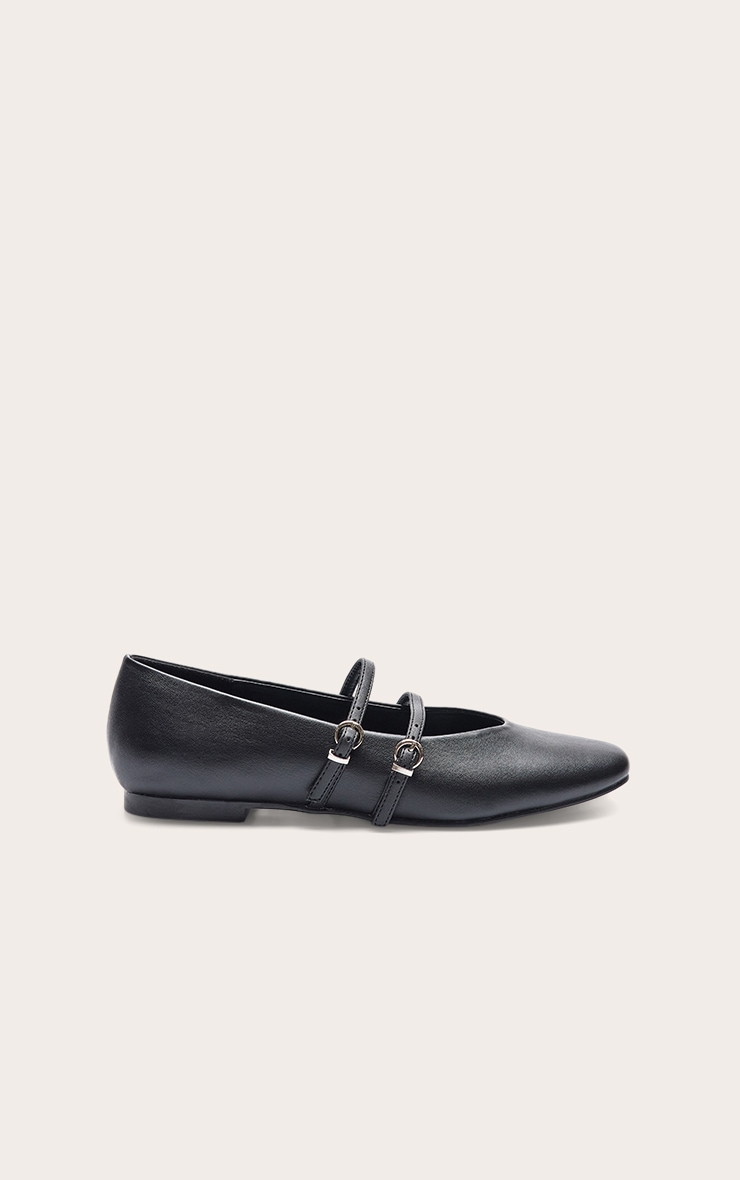 Black PU Round Toe Ballet Flat With Silver Buckle Detail image 2