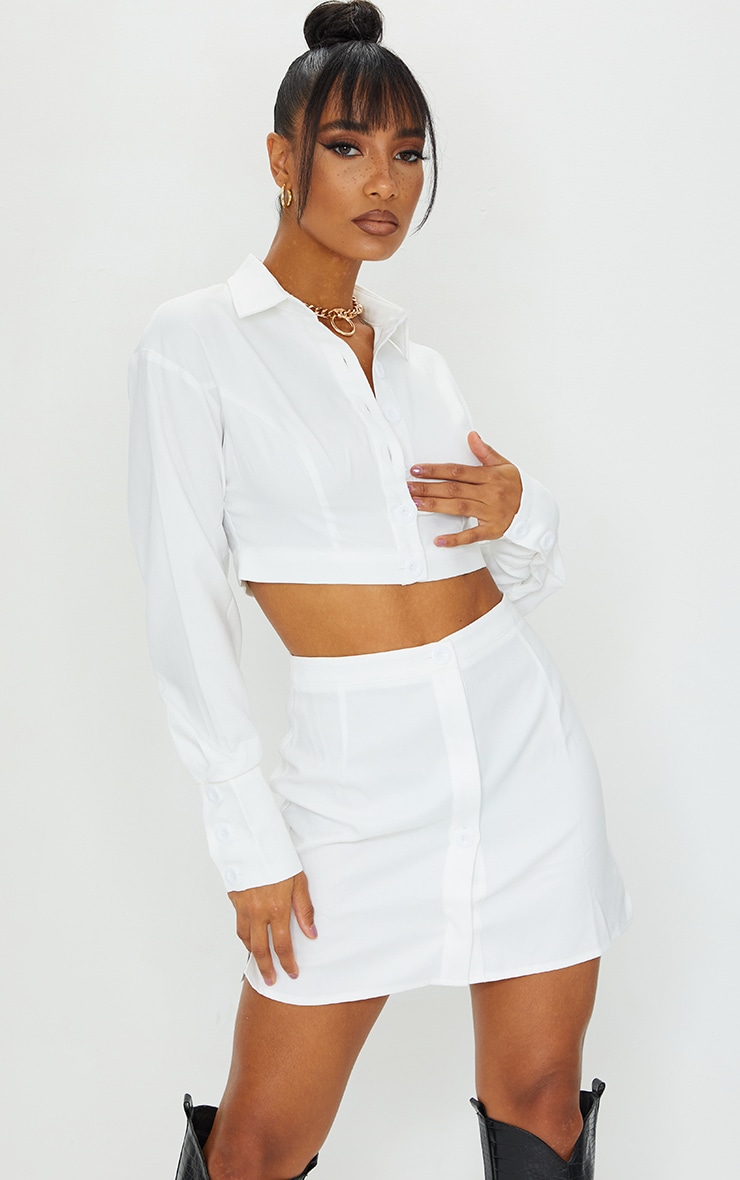 White Oversized Cuffed Button Crop Shirt PrettyLittleThing