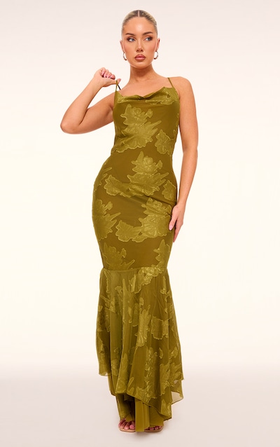 Olive Floral Devore Cowl Neck Frill Hem Maxi Dress