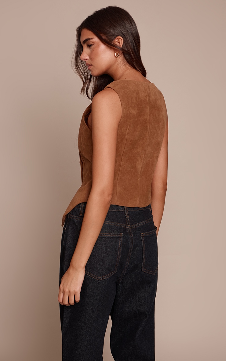 Camel Faux Suede Asymmetric Button Detail Vest image 2