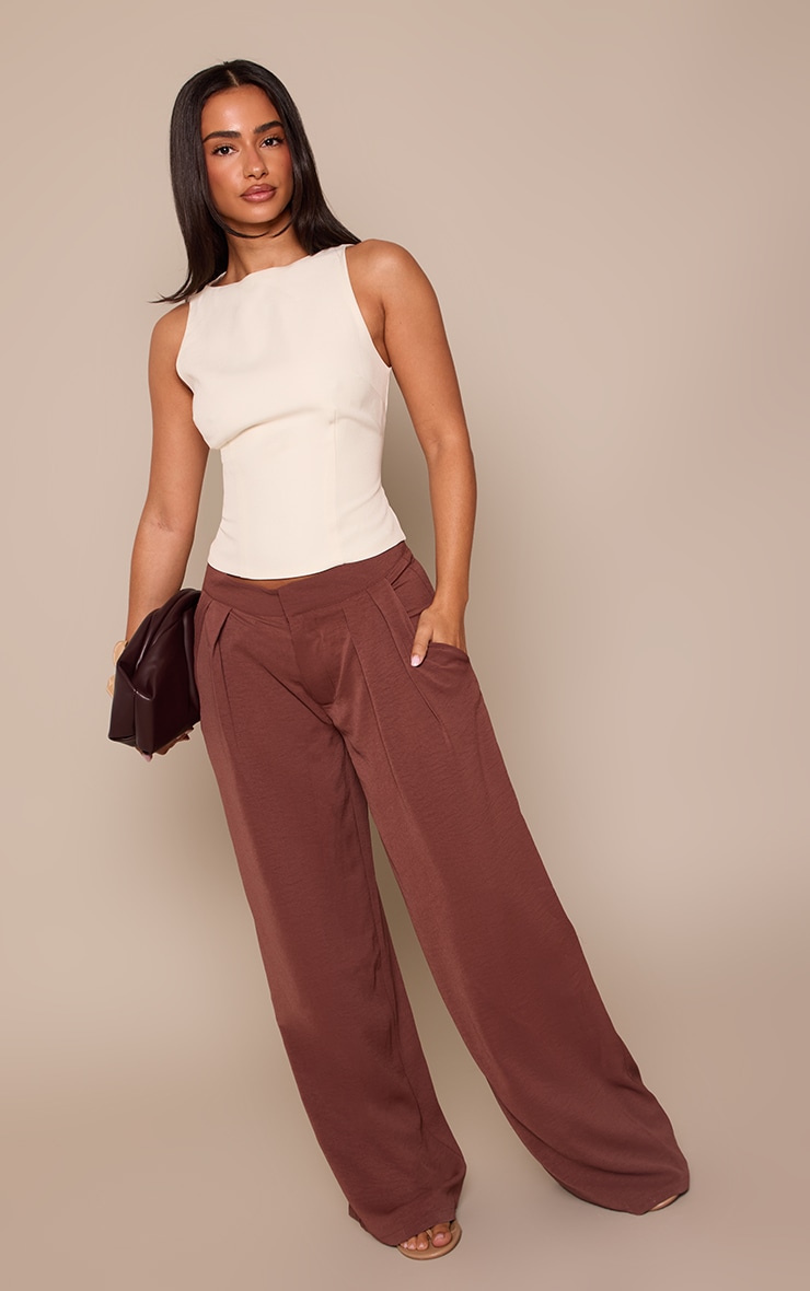 Petite Deep Chocolate Floaty Woven Double Pleat Wide Leg Trousers