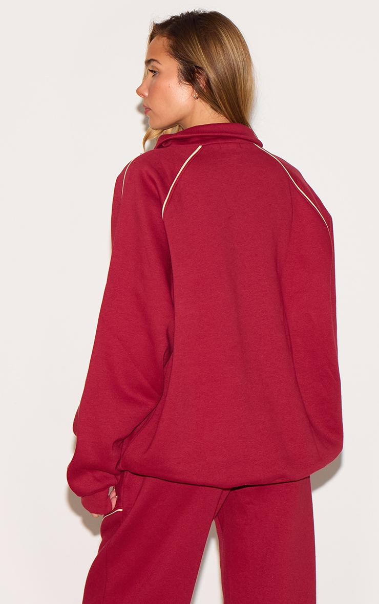 Red Oversized Contrast Piping Quarter Zip Sweatshirt image 2