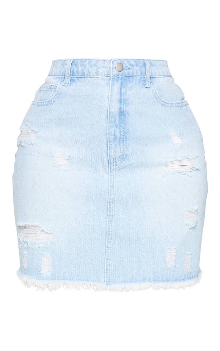 PRETTYLITTLETHING Shape Light Blue Wash Ripped Fray Hem Denim Skirt image 6