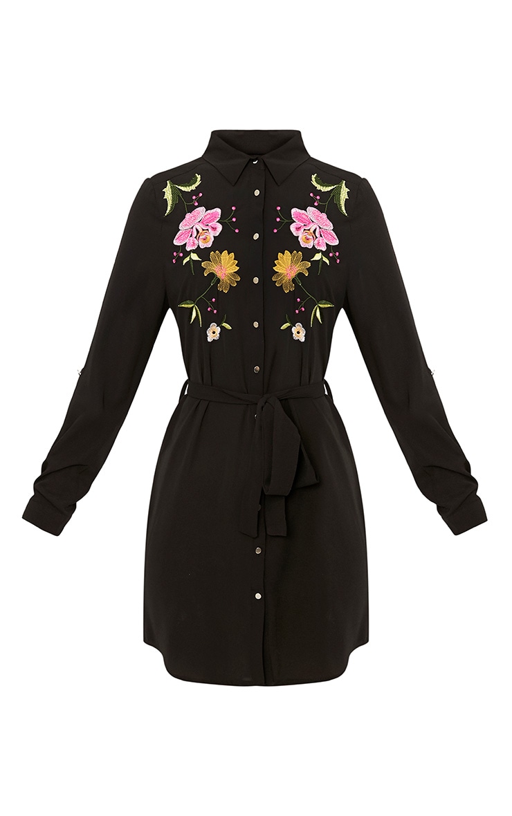 Erinie Black Embroidered Shirt Dress | PrettyLittleThing