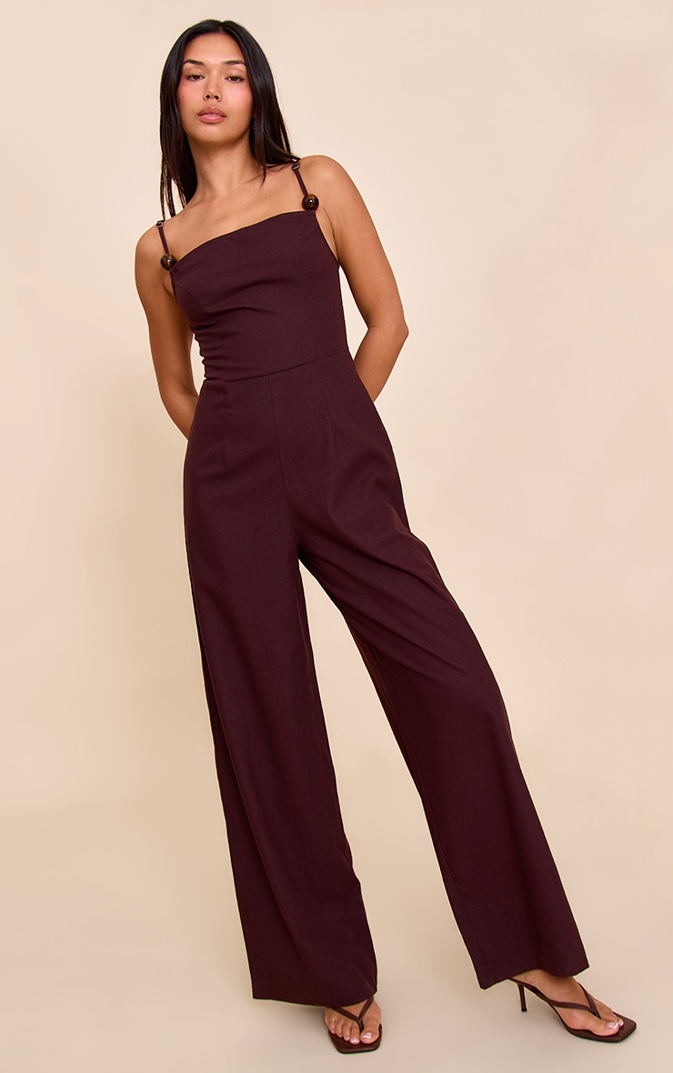 Chocolate Linen Blend Straight Neck Bead Detail Jumpsuit image 1