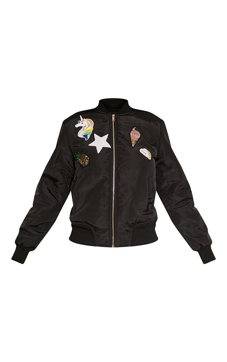 Charleene Black Sequin Applique Patch Bomber Jacket PrettyLittleThing