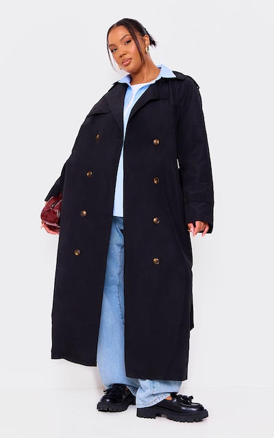 Plus Black Oversized Button Down Trench Coat