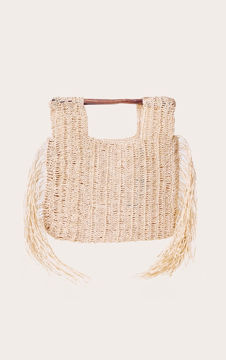 Natural Fringed Raffia Wooden Handle Beach Grab Bag image 3