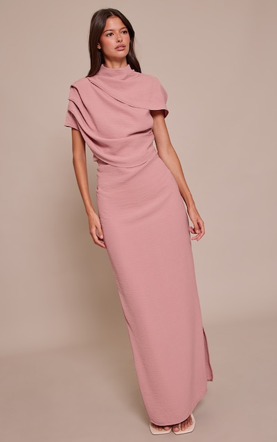 Blush Textured High Neck Pleated Maxi Dress