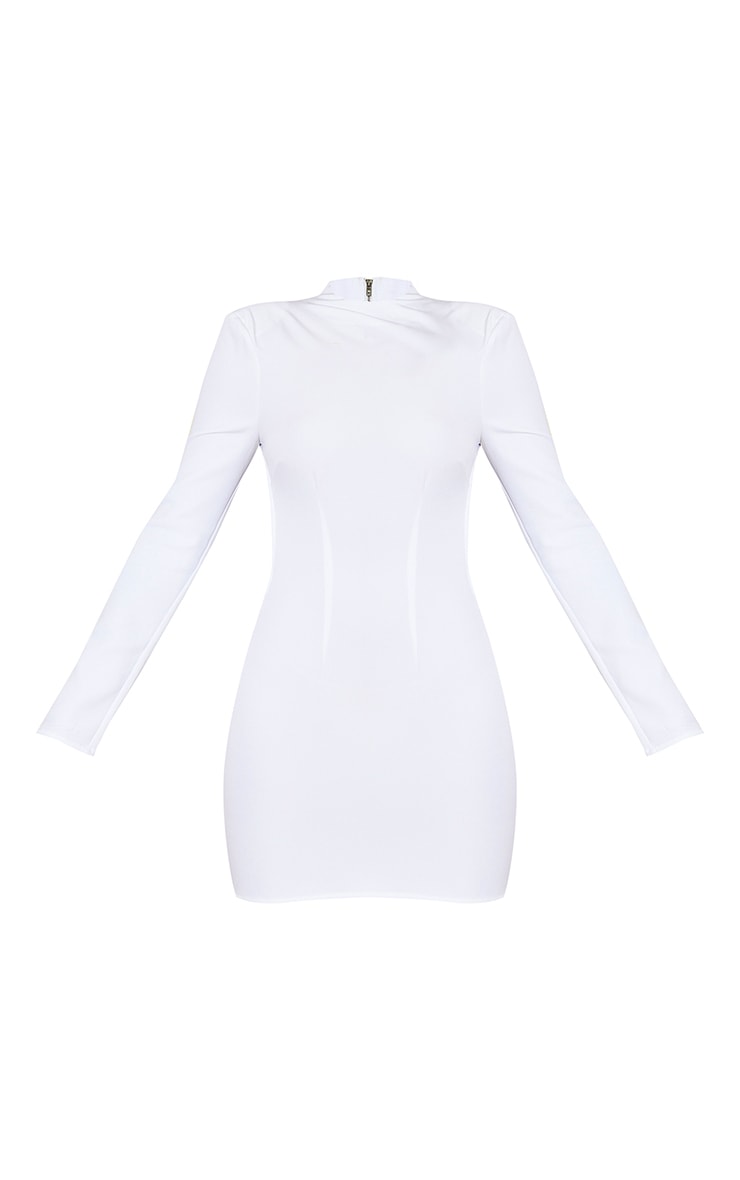 White Woven High Neck Long Sleeve Open Back Detail Bodycon Dress image 4