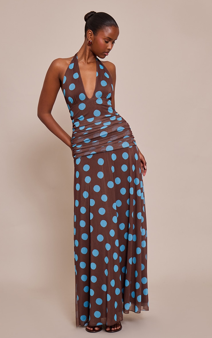 Brown Polka Dot Chiffon Halterneck Maxi Dress image 3