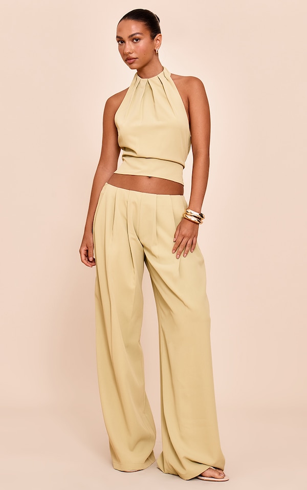 Pantalon large tissé sauge plissé à taille basse