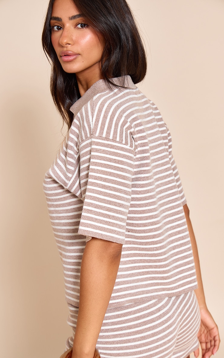 Petite Taupe Stripe Knitted Oversized Collared Top image 2