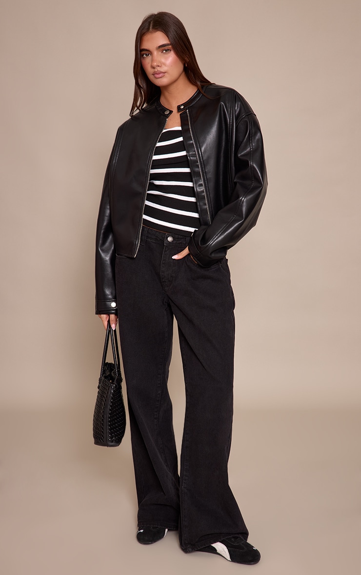 Monochrome Stripe Rib Bardot Slouchy Long Sleeve Top image 3