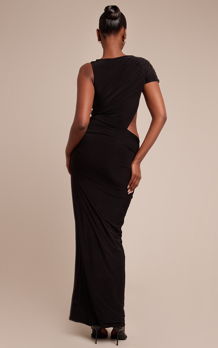 Black Slinky One Sleeve Ruched Maxi Dress image 2