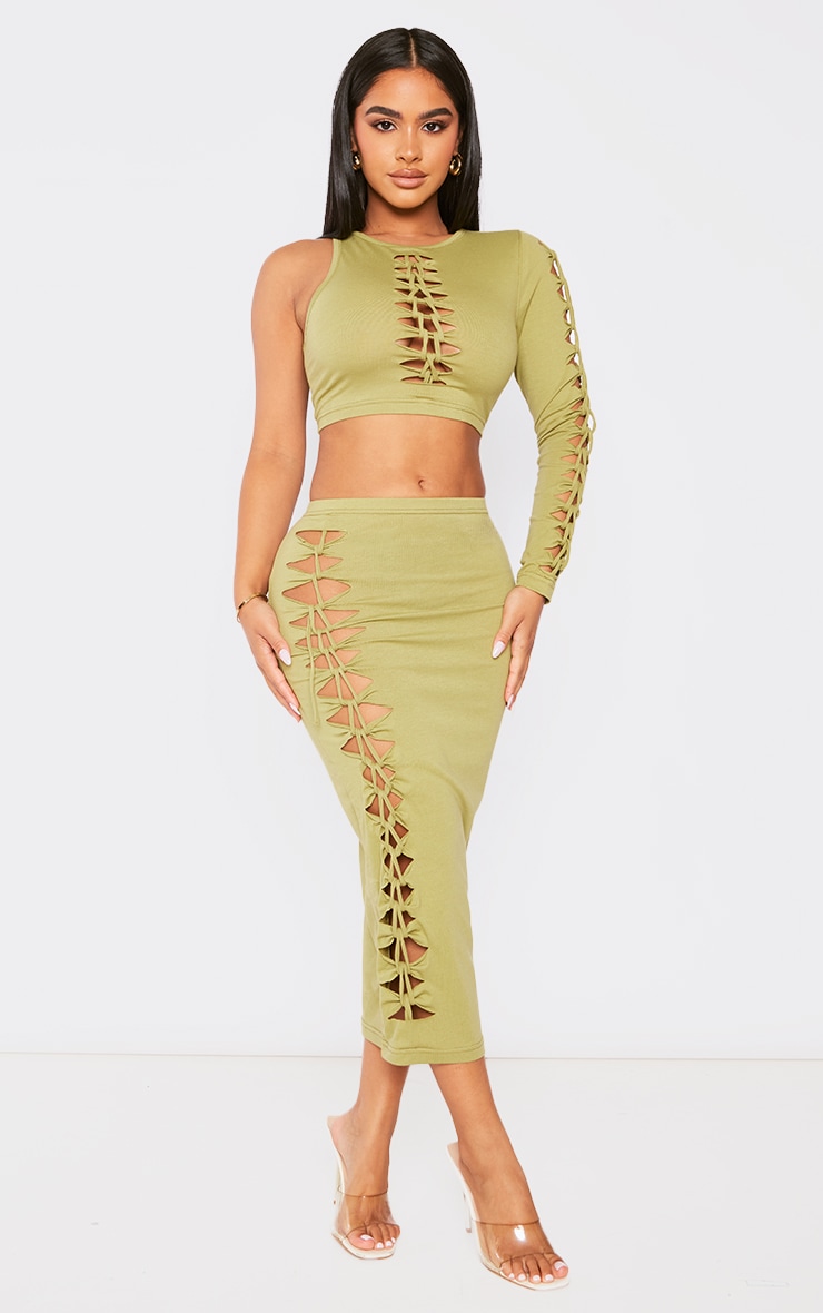 Petite Khaki Laddered Side Midi Skirt