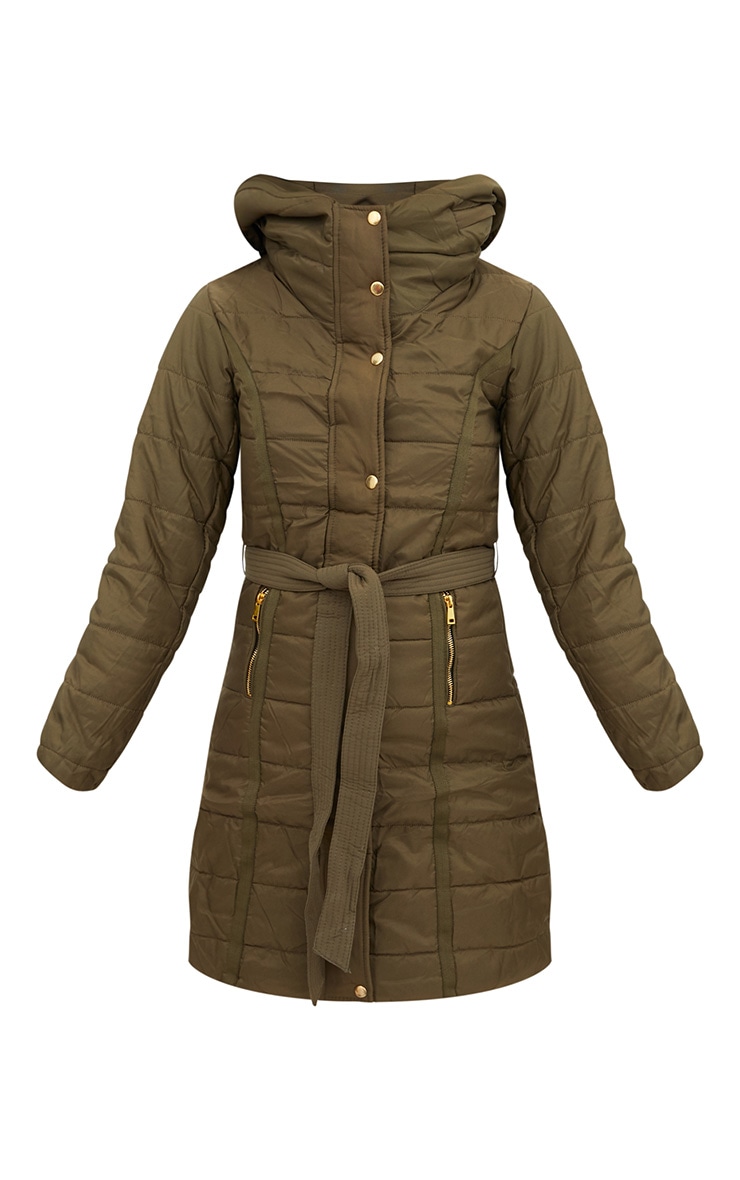 Khaki Longline Belted Puffer Coat PrettyLittleThing