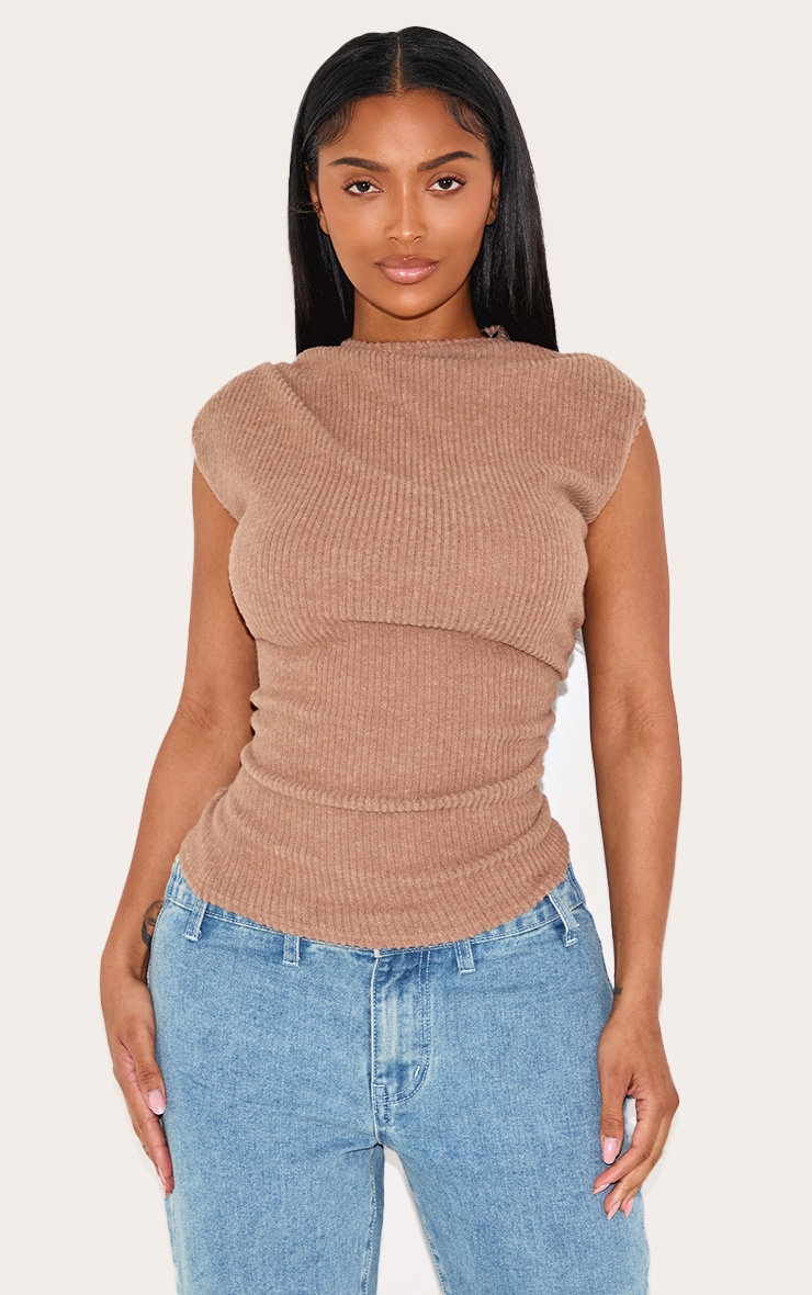 Shape Taupe Brushed Rib Ruched Boat Neck Top image 1