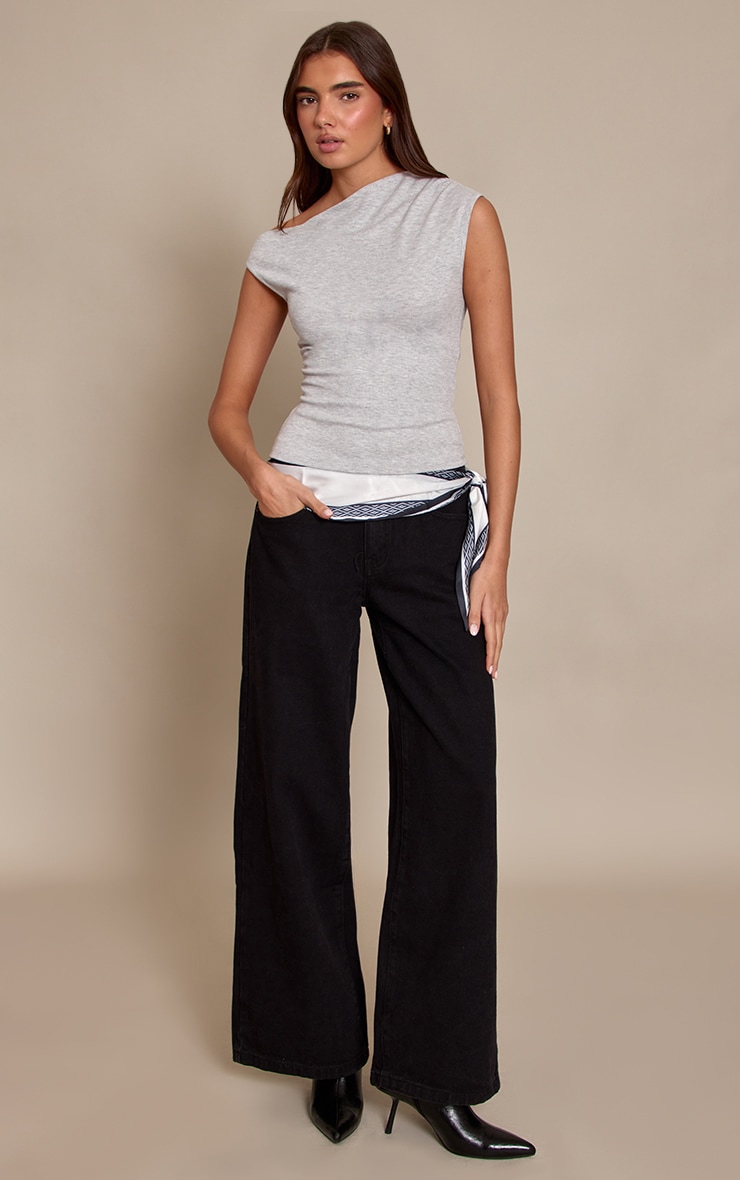 Grey Marl Soft Rib Asymmetric Drape Detail Sleeveless Top image 3