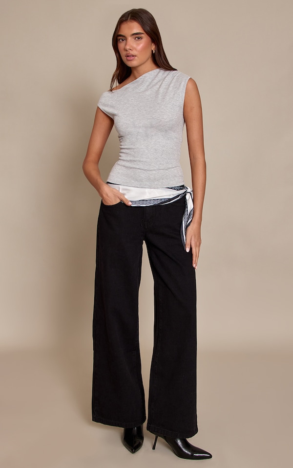 Grey Marl Soft Rib Asymmetric Drape Detail Sleeveless Top