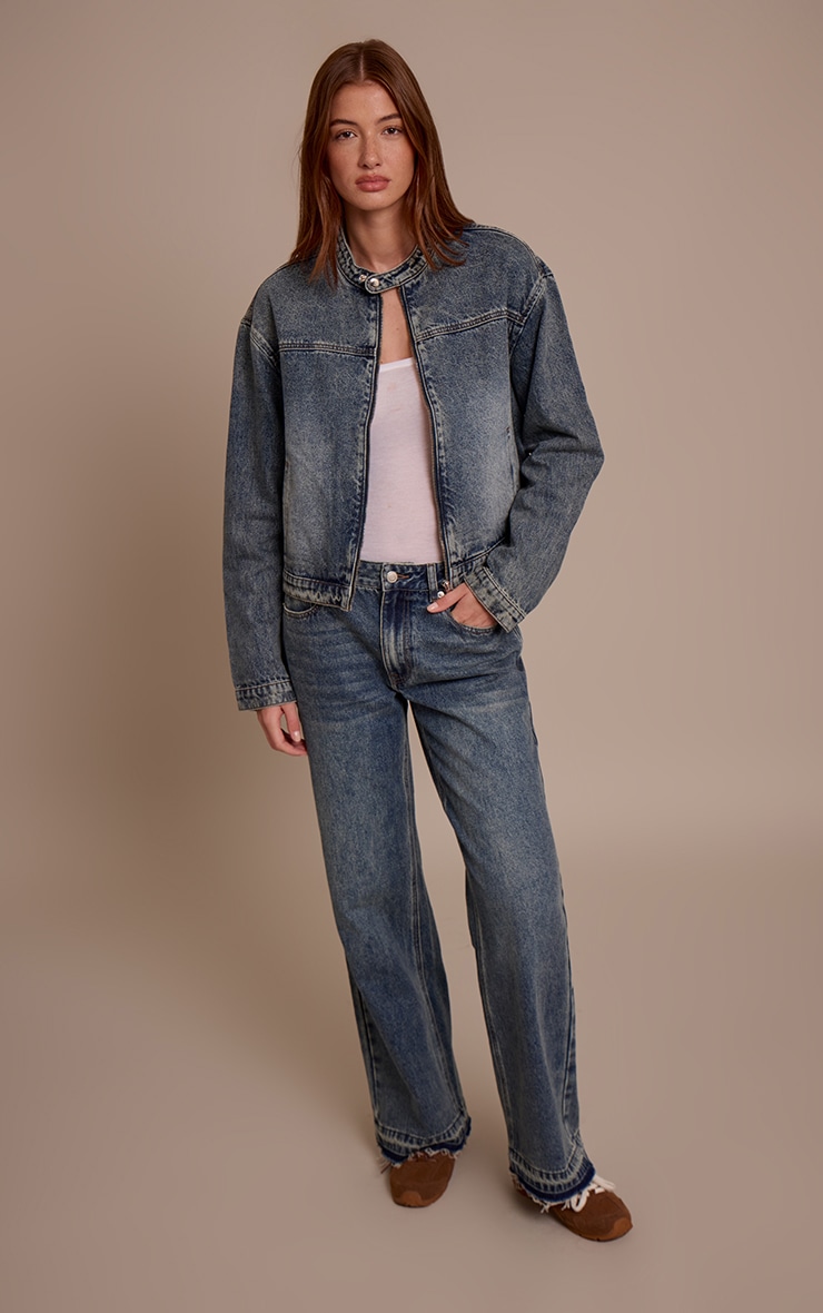 Vintage Blue Boxy Denim Racer Jacket image 3