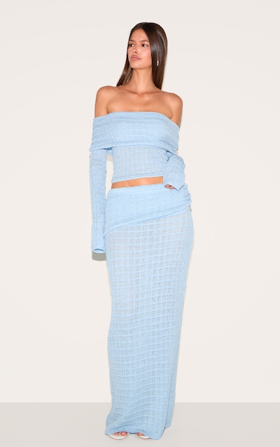 Blue Fold Over Textured Knit Skirt