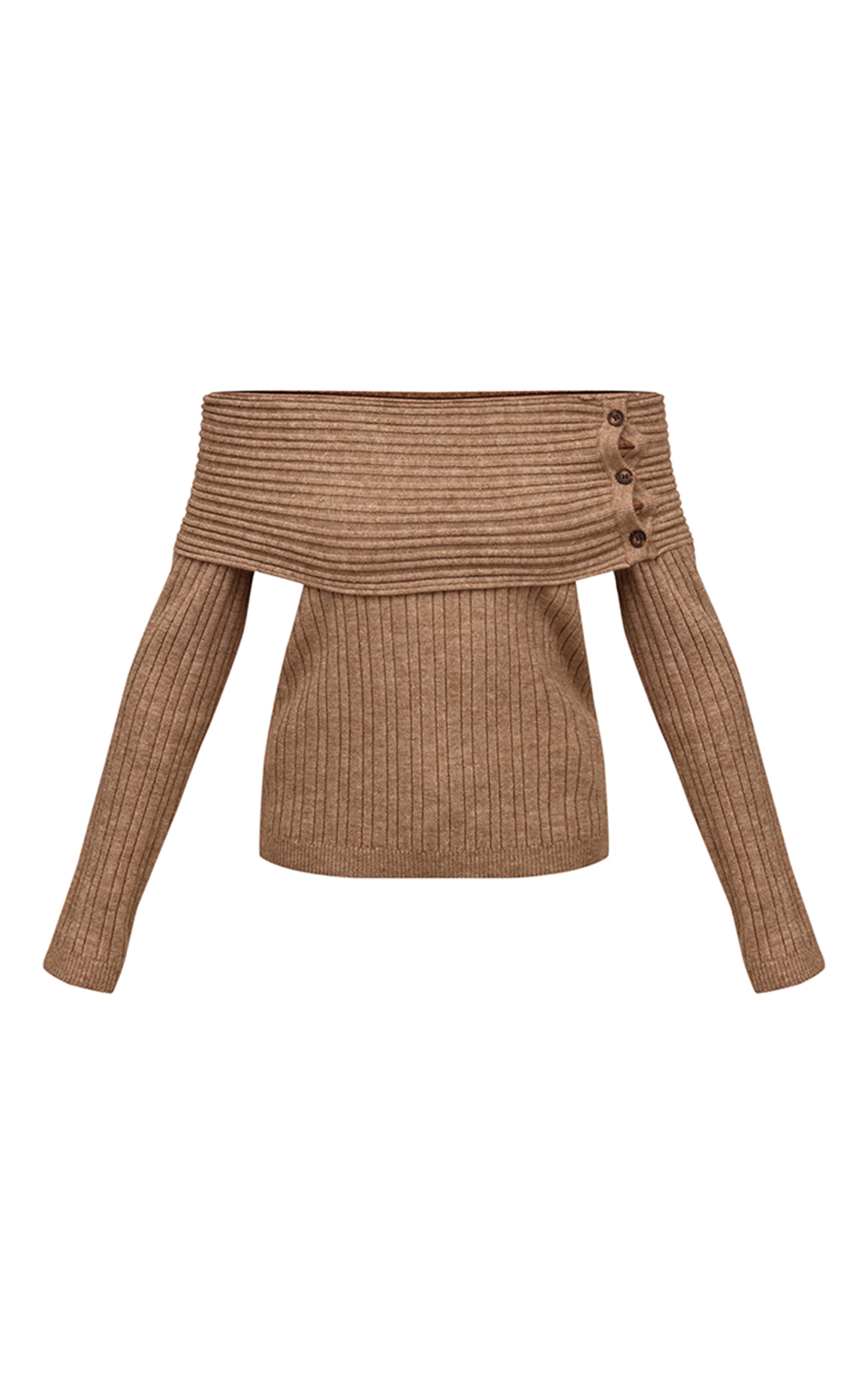 Pull en maille tricot côtelée avoine à col bardot et boutons image 5