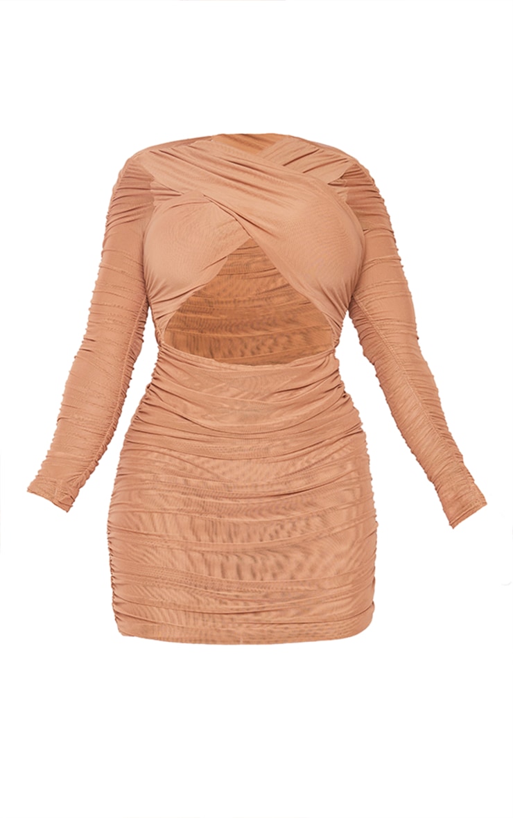 Shape Camel Mesh Wrap Over Ruched Mini Dress image 4