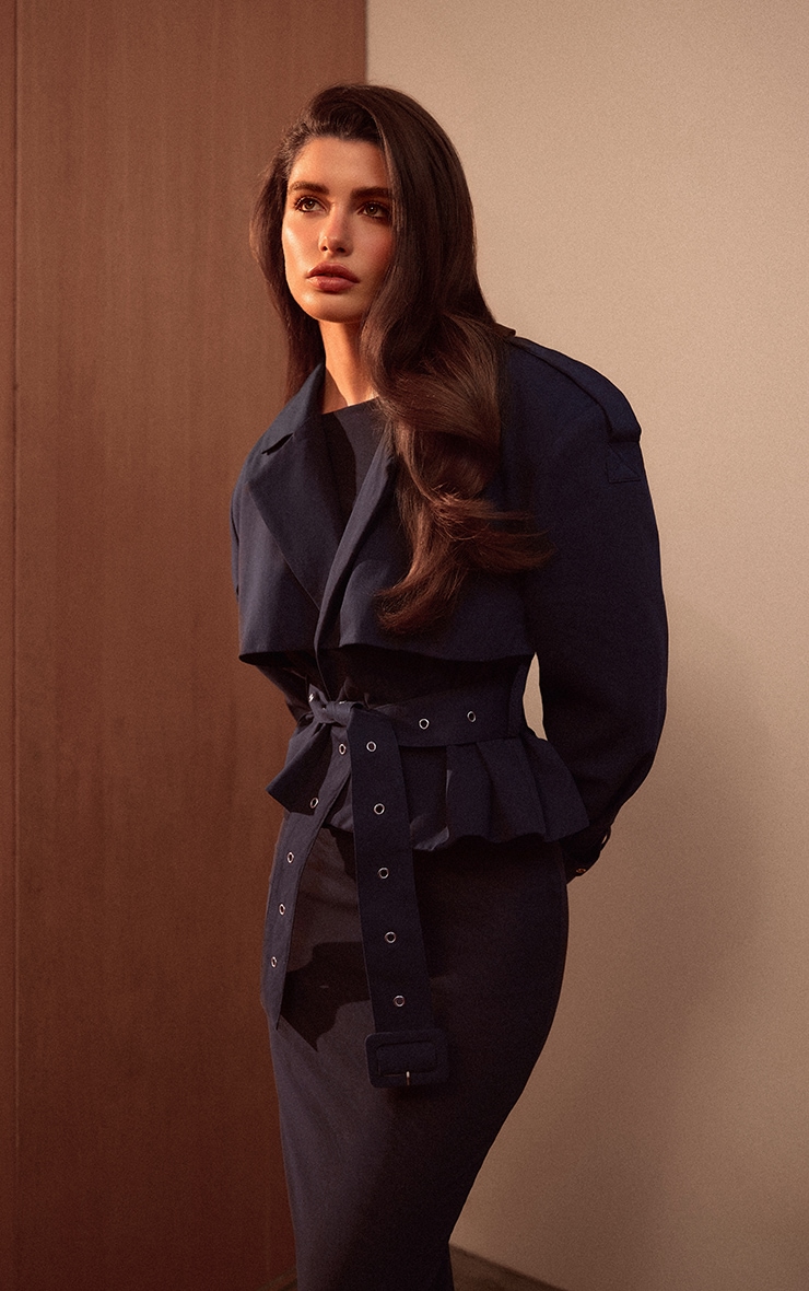 PLT Label Navy Belt Detail Cropped Trench Coat image 1
