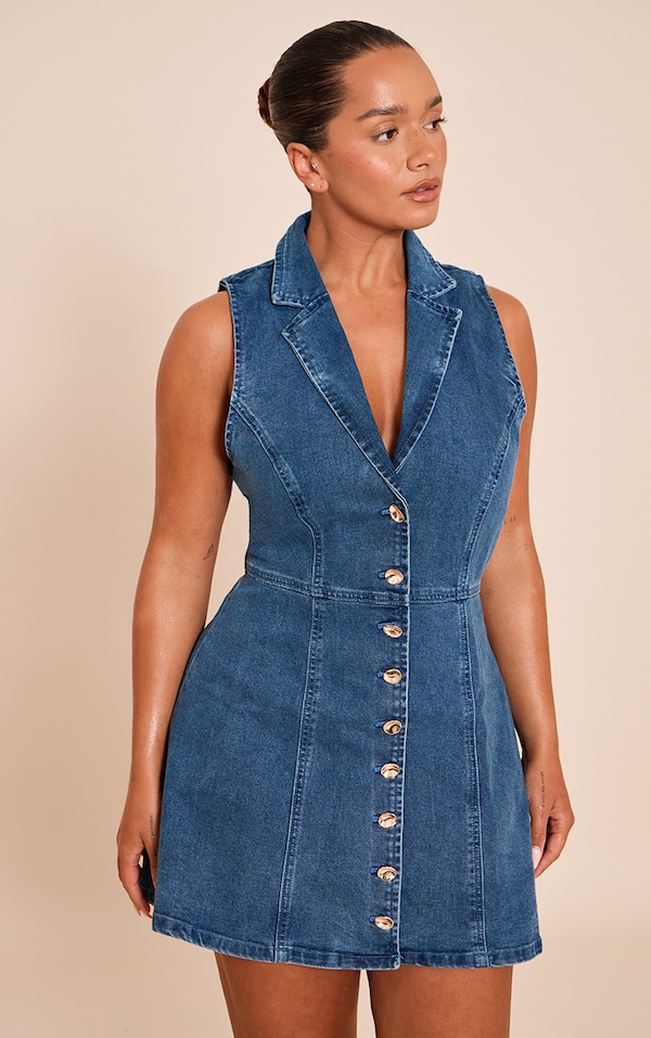 Sculpt Mini-robe en denim stretch bleu foncé à col et boutonnée sur le devant.