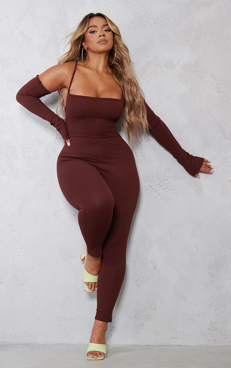 Shape Chocolate Brown Lace Up Back Bardot Detail Jumpsuit image 1
