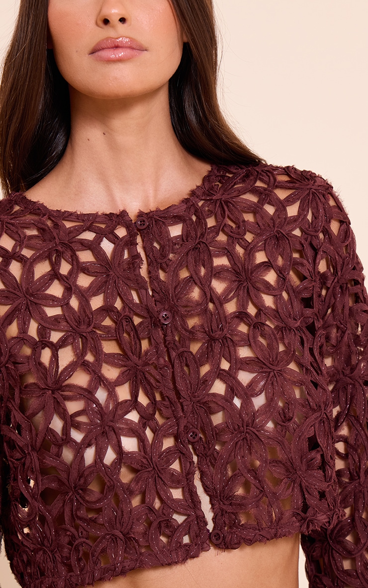 Dark Brown Textured Floral Button Cropped Top image 4