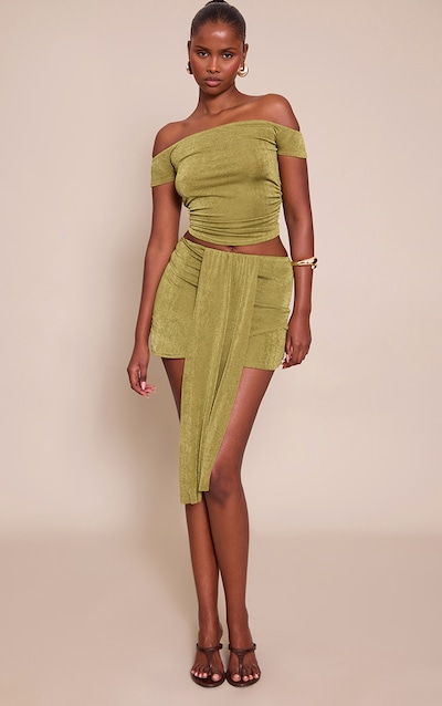 Olive Textured Drape Wrap Over Mini Skirt