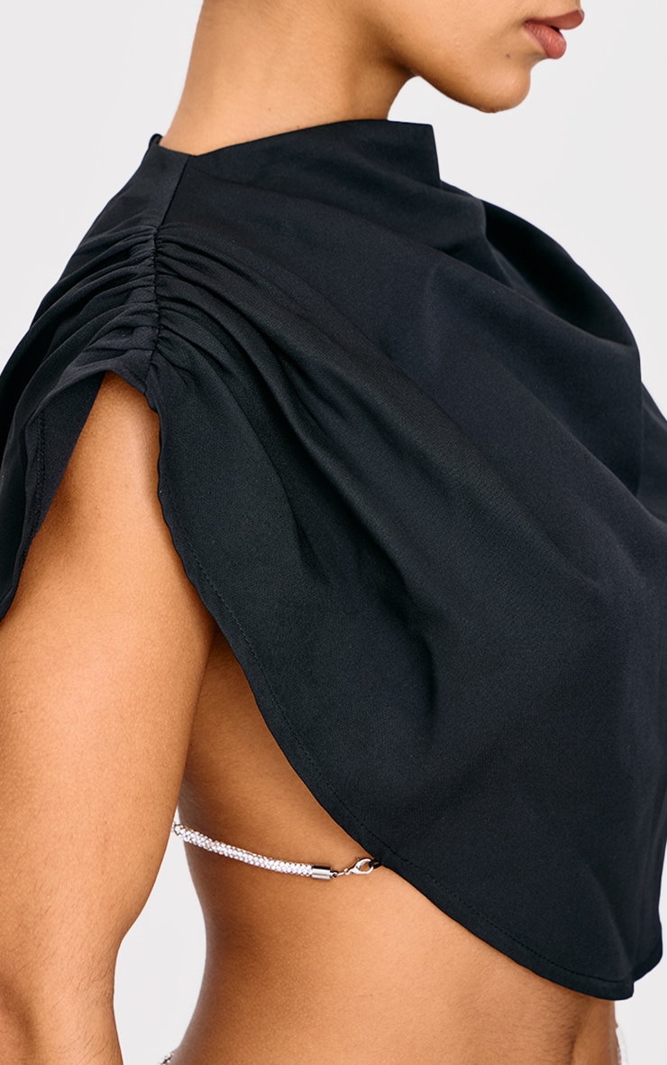 Black Woven Diamante Draped Front High Neck Top image 4
