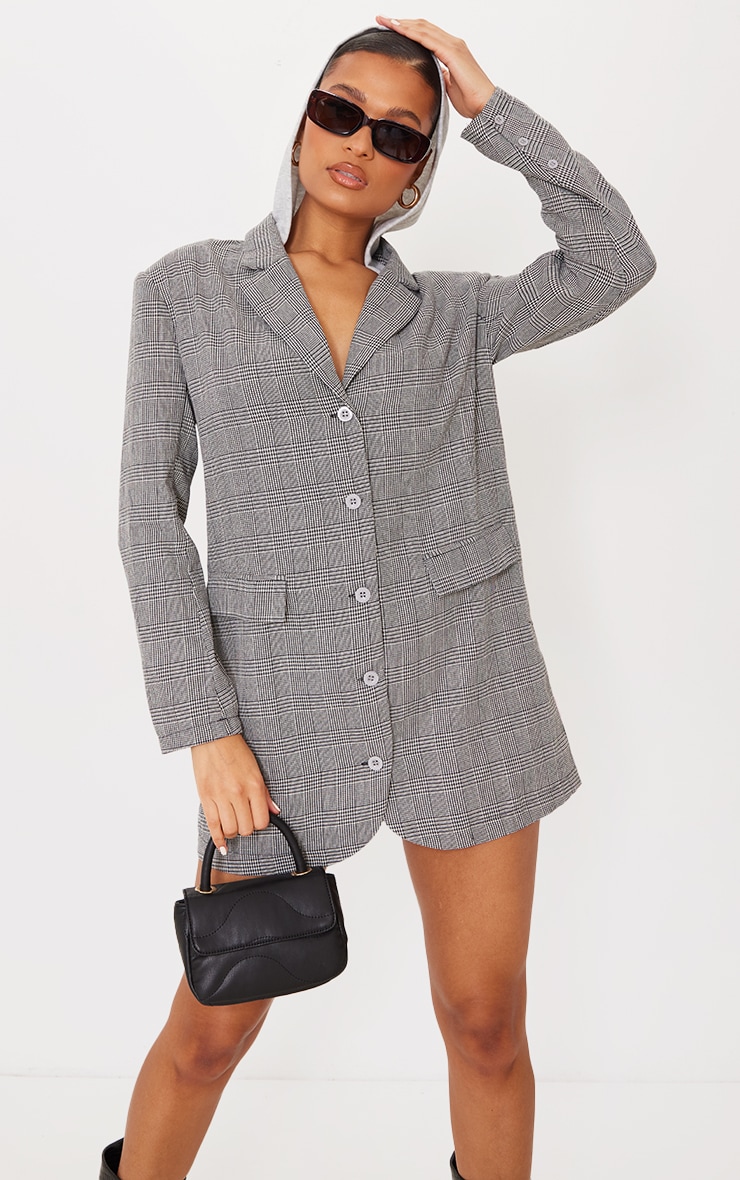 Grey Check Shoulder Pad Hooded Blazer Dress Dresses PLT CA - Main Image
