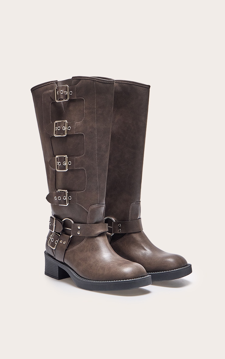 Brown Burnish Pu Round Toe Multi Buckle Harness Knee High Boots image 2