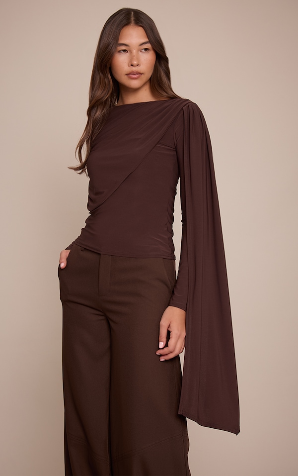 Chocolate Double Layered Extreme Drape Detail Long Sleeve Top