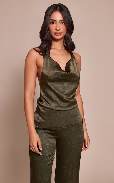 Petite Khaki Textured Halterneck Tie Long Top