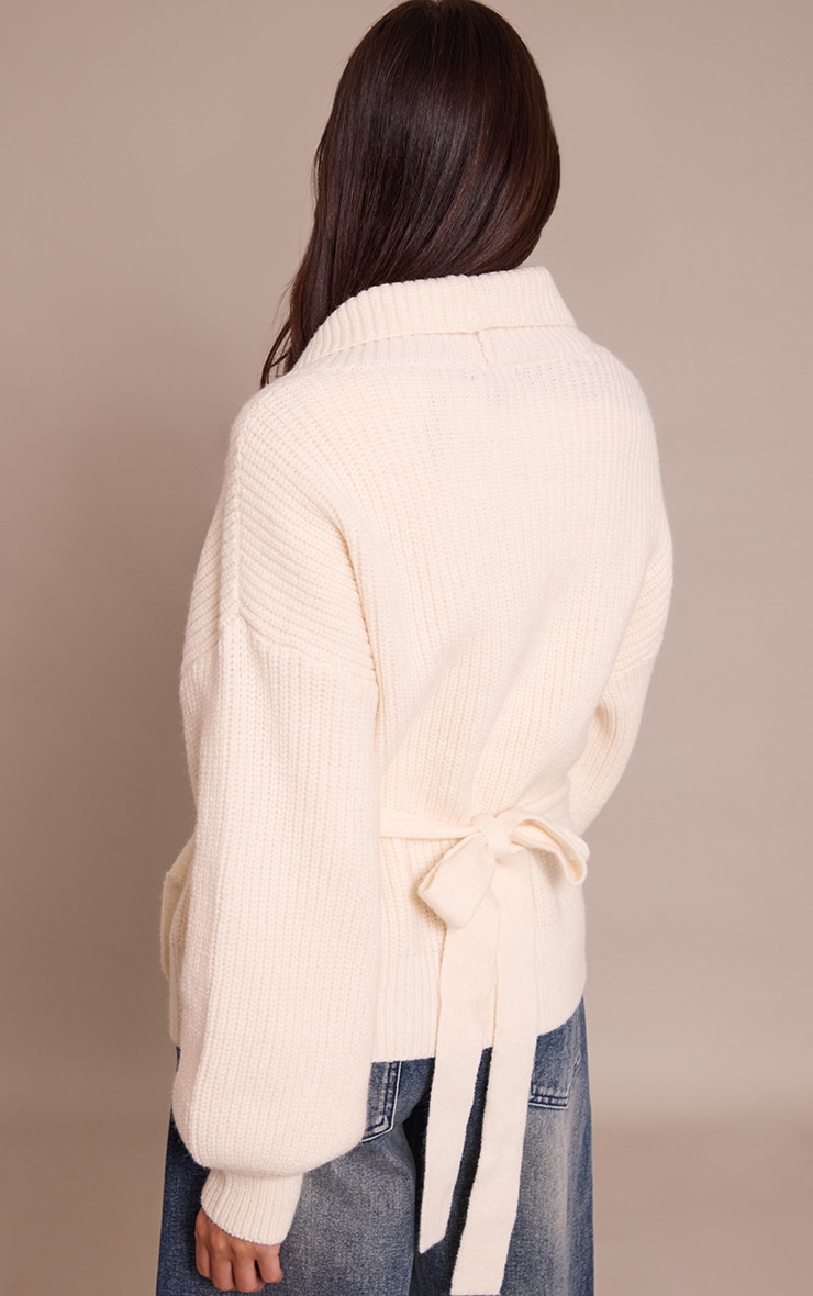 Cream Chunky Knit Rib Wrap Cardigan image 2