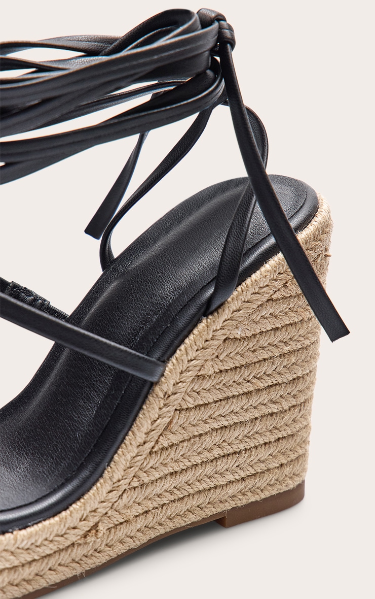 Black Pu Square Toe Espadrille Lace Up High Heeled Wedges image 5