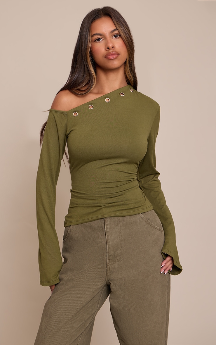 Petite Khaki Eyelet Asymmetric Long Sleeve Top image 1