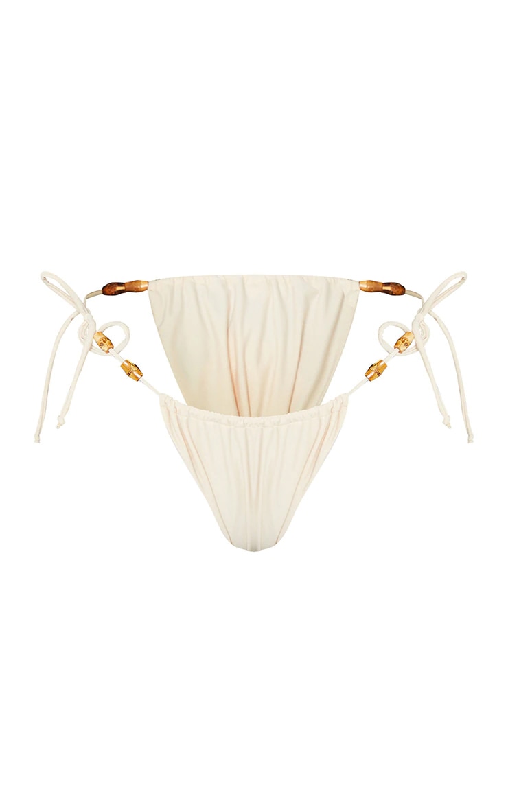 Sand Wooden Bead Ruched Tanga Tie Side Bikini Bottoms image 1