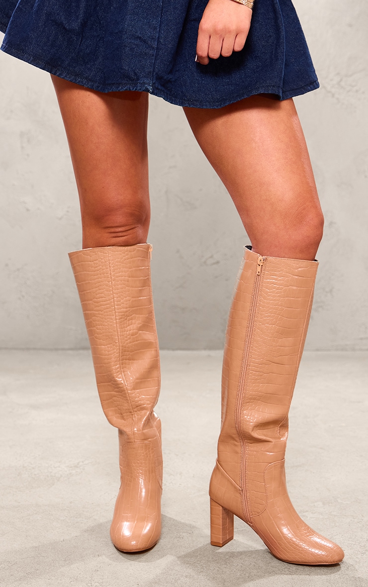 Nude Pu Croc Round Toe High Heeled Block Knee Boots image 2