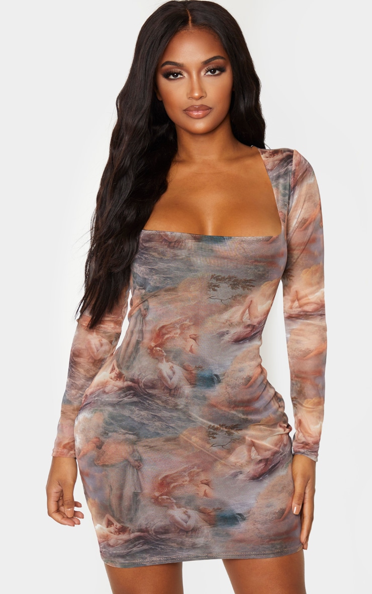 Shape Nude Renaissance Print Mesh Square Neck Bodycon Dress