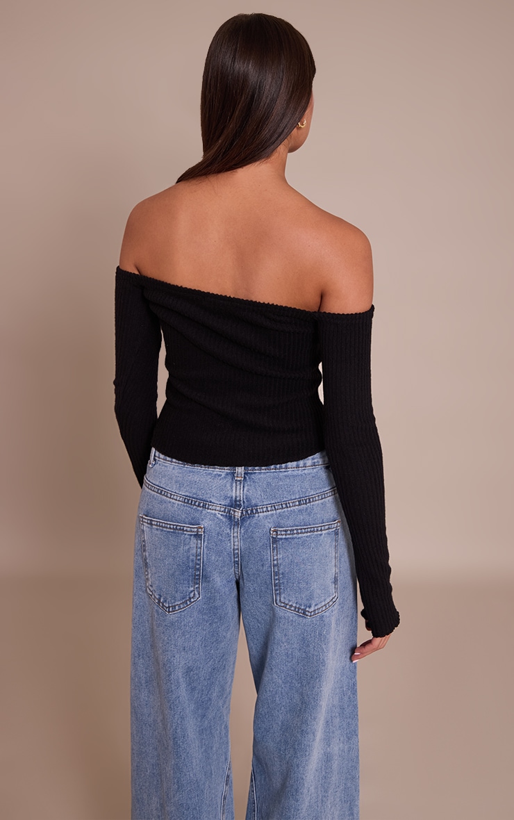 Black Brushed Rib Knit Bardot Long Sleeve Top image 2