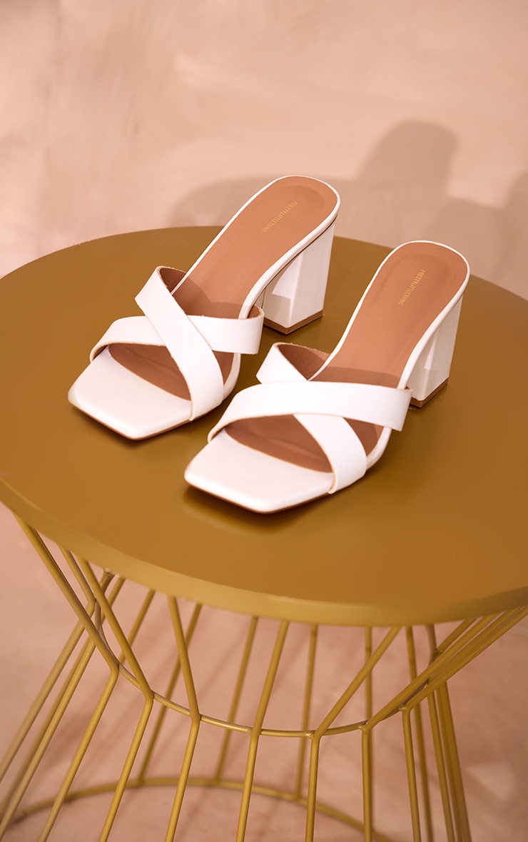 White Pu Cross Strap Block Heeled Mules image 2